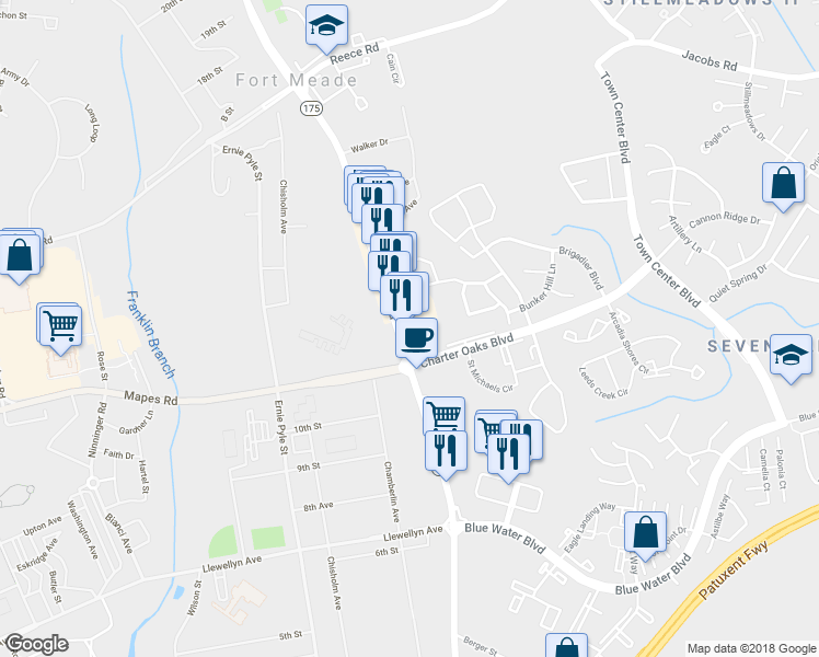map of restaurants, bars, coffee shops, grocery stores, and more near 1628 Annapolis Rd in Severn