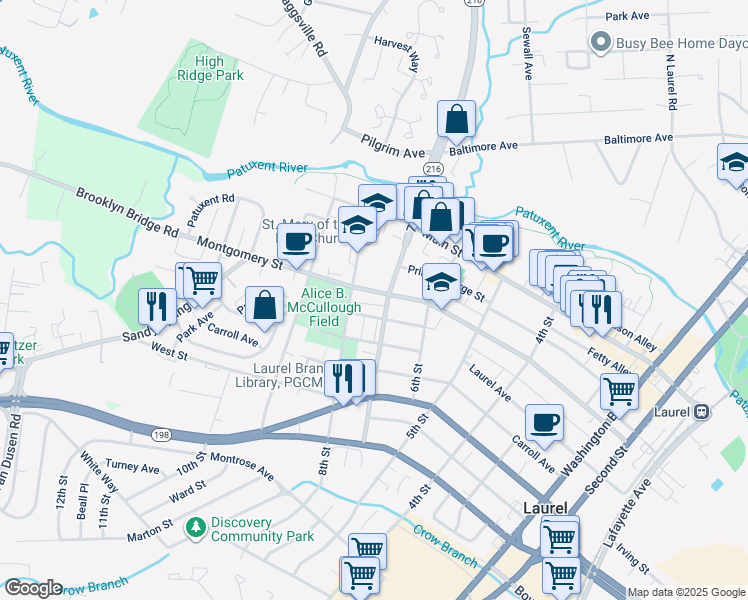 map of restaurants, bars, coffee shops, grocery stores, and more near 702 Montgomery Street in Laurel