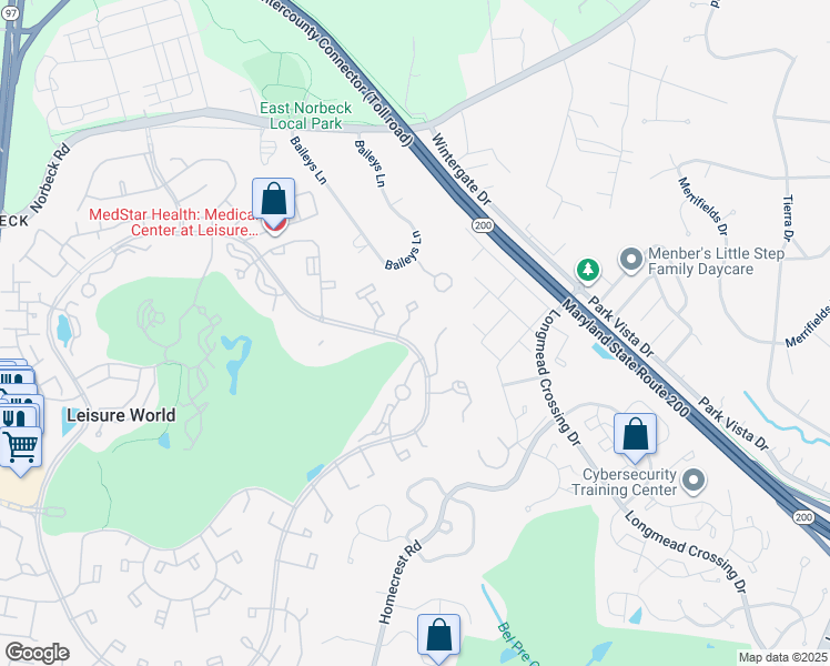 map of restaurants, bars, coffee shops, grocery stores, and more near 15201 Elkridge Way in Silver Spring