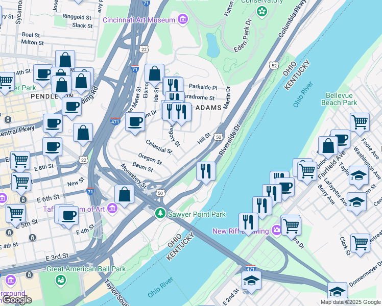 map of restaurants, bars, coffee shops, grocery stores, and more near 1002 Saint Gregory Street in Cincinnati