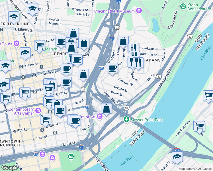 map of restaurants, bars, coffee shops, grocery stores, and more near 405 Oregon Street in Cincinnati