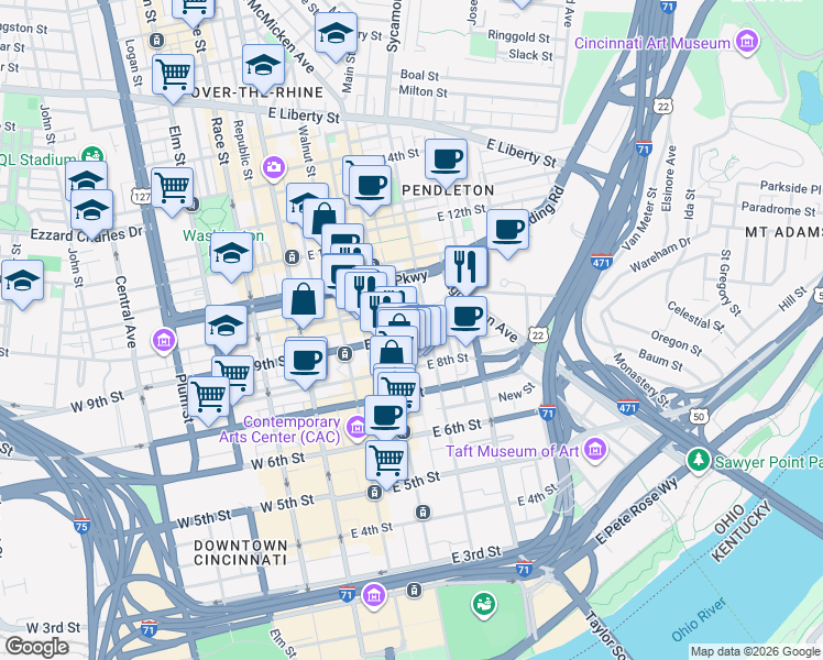 map of restaurants, bars, coffee shops, grocery stores, and more near 219 East Court Street in Cincinnati