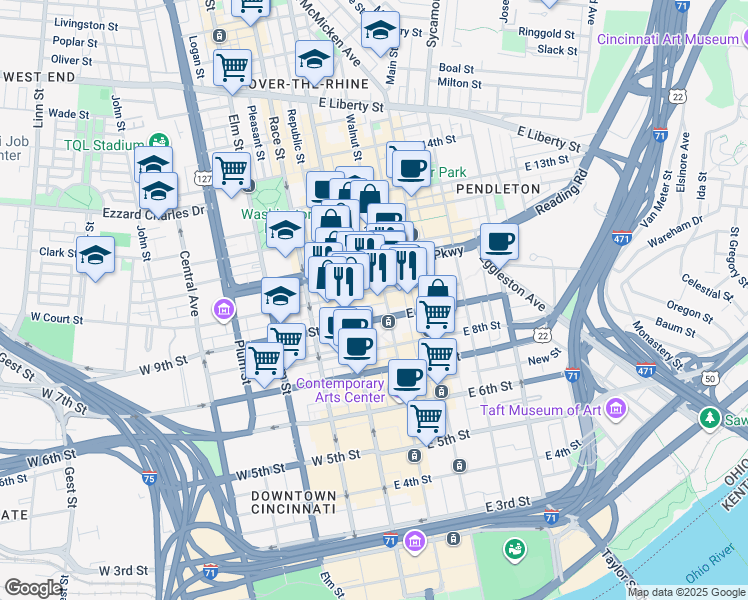 map of restaurants, bars, coffee shops, grocery stores, and more near 33 East Court Street in Cincinnati