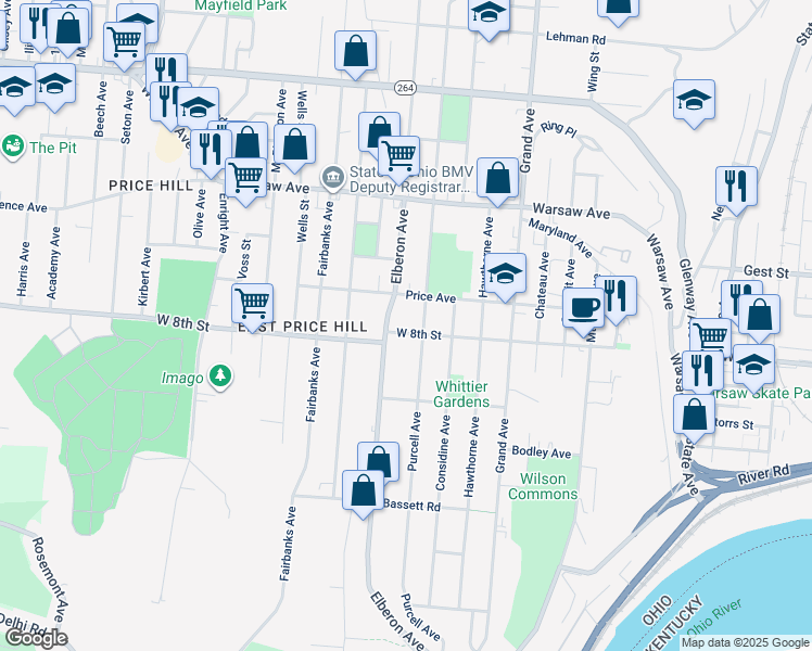 map of restaurants, bars, coffee shops, grocery stores, and more near 818 Elberon Avenue in Cincinnati