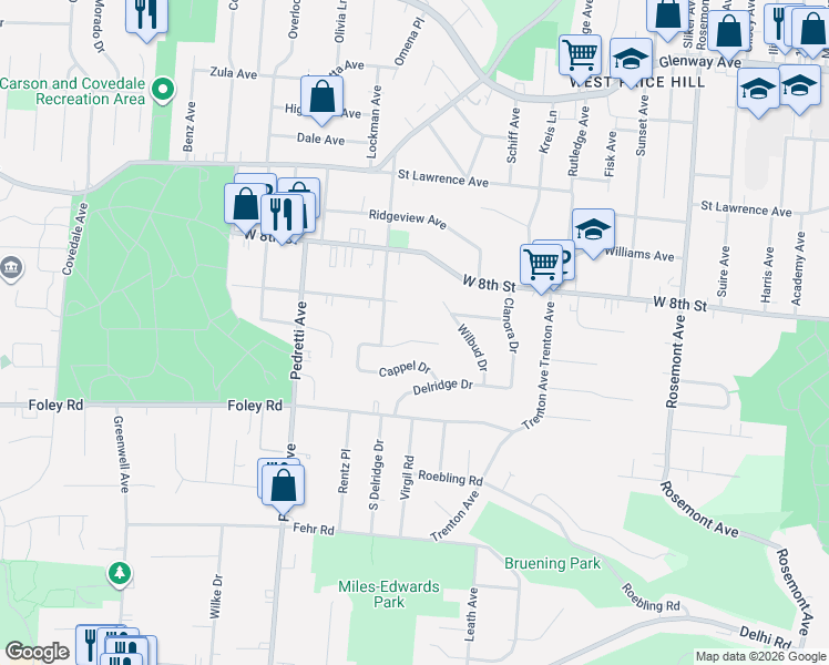 map of restaurants, bars, coffee shops, grocery stores, and more near 4369 Carnation Circle in Cincinnati