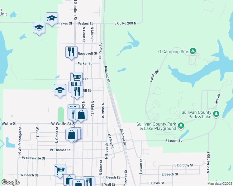 map of restaurants, bars, coffee shops, grocery stores, and more near 1464 North Co Road 25 East in Sullivan County