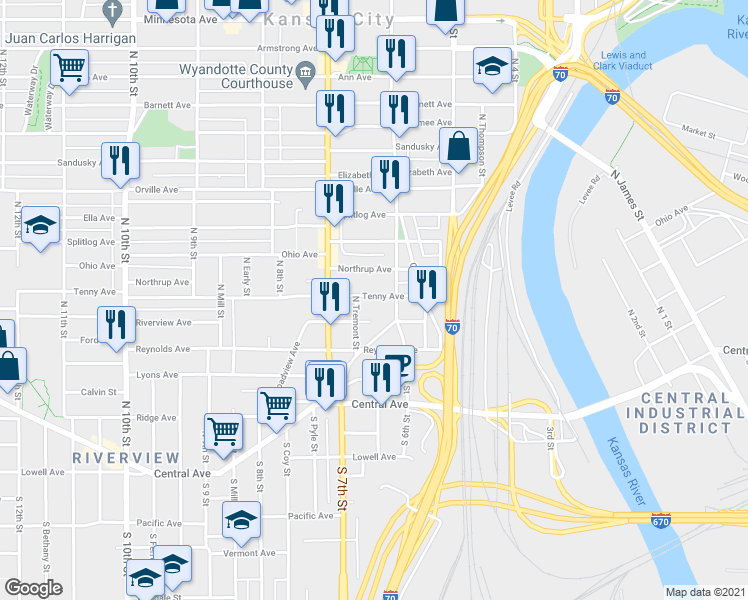 map of restaurants, bars, coffee shops, grocery stores, and more near 610 Tenny Avenue in Kansas City