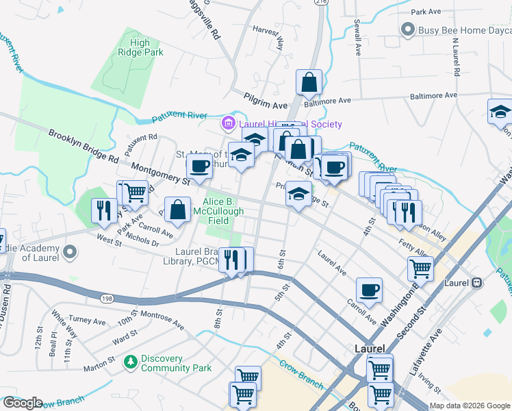 map of restaurants, bars, coffee shops, grocery stores, and more near 700 Montgomery Street in Laurel