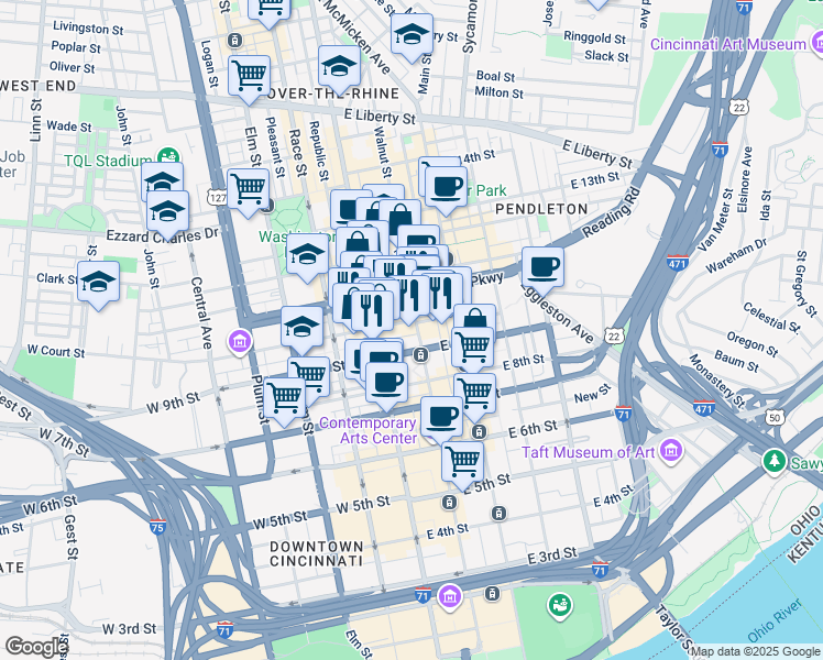 map of restaurants, bars, coffee shops, grocery stores, and more near 33 East Court Street in Cincinnati