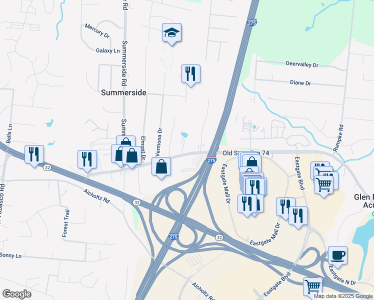 map of restaurants, bars, coffee shops, grocery stores, and more near 708 Cincinnati-Batavia Pike in Cincinnati