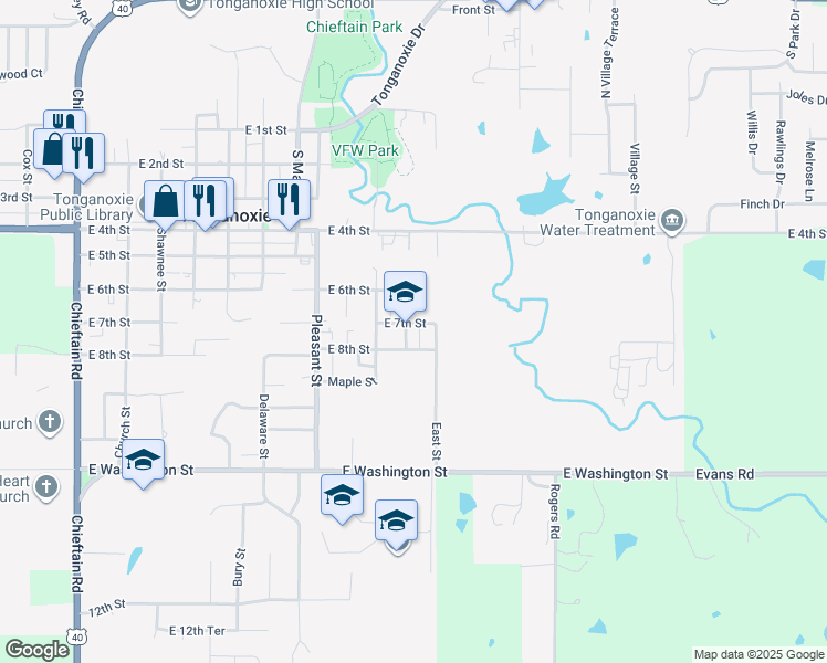 map of restaurants, bars, coffee shops, grocery stores, and more near 705 Yoeke Street in Tonganoxie