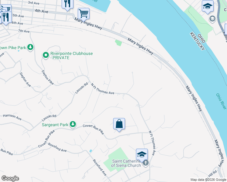 map of restaurants, bars, coffee shops, grocery stores, and more near 2342 North Fort Thomas Avenue in Fort Thomas