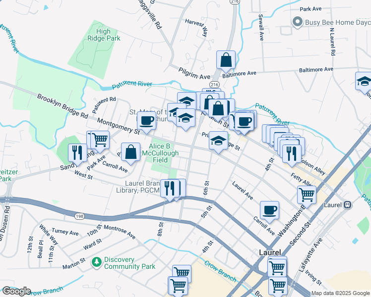 map of restaurants, bars, coffee shops, grocery stores, and more near 702 Montgomery Street in Laurel