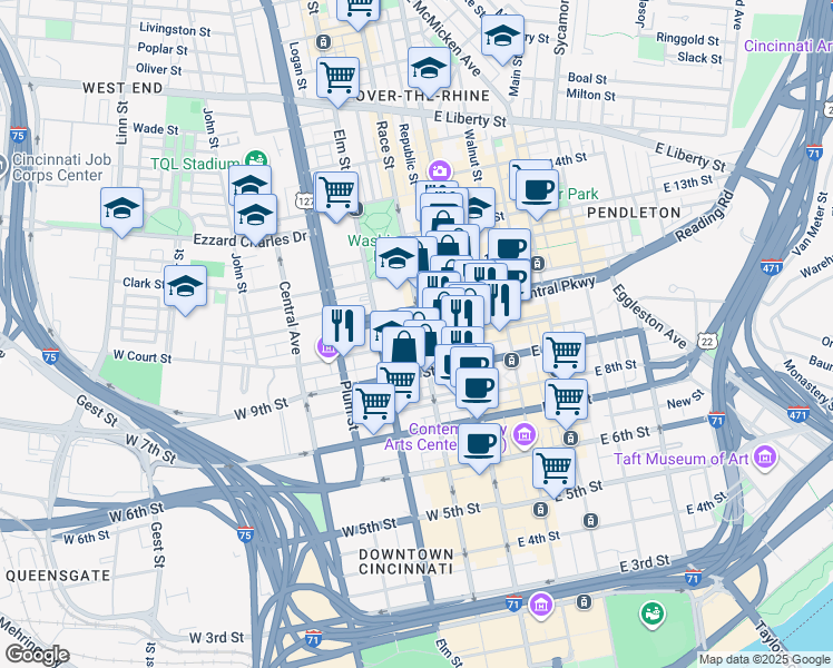 map of restaurants, bars, coffee shops, grocery stores, and more near 26 West Court Street in Cincinnati