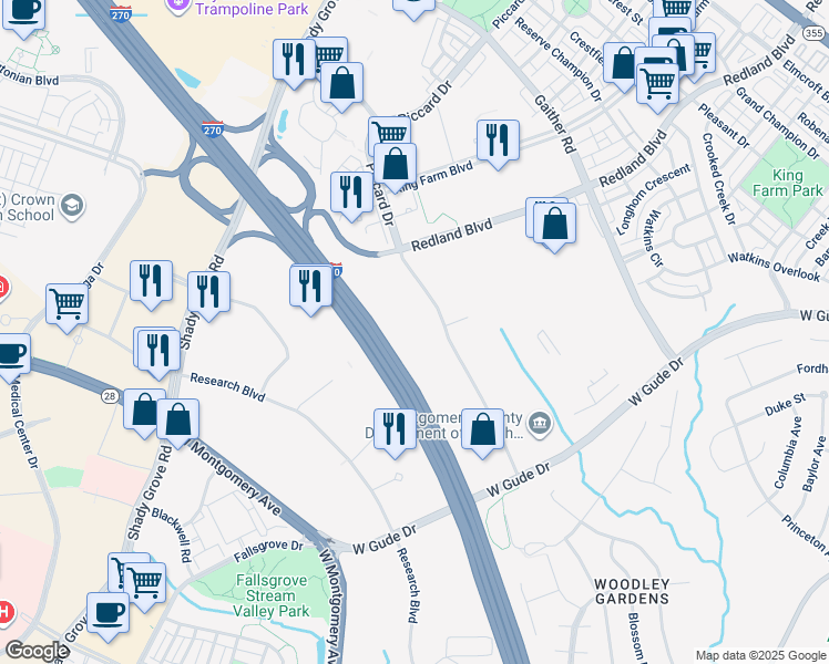 map of restaurants, bars, coffee shops, grocery stores, and more near 1380 Piccard Drive in Rockville