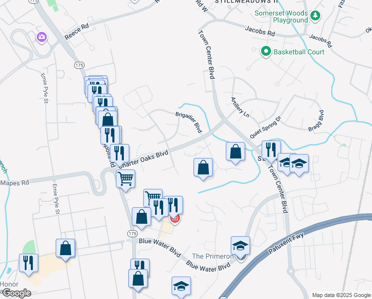 map of restaurants, bars, coffee shops, grocery stores, and more near 68 Westridge Circle in Odenton