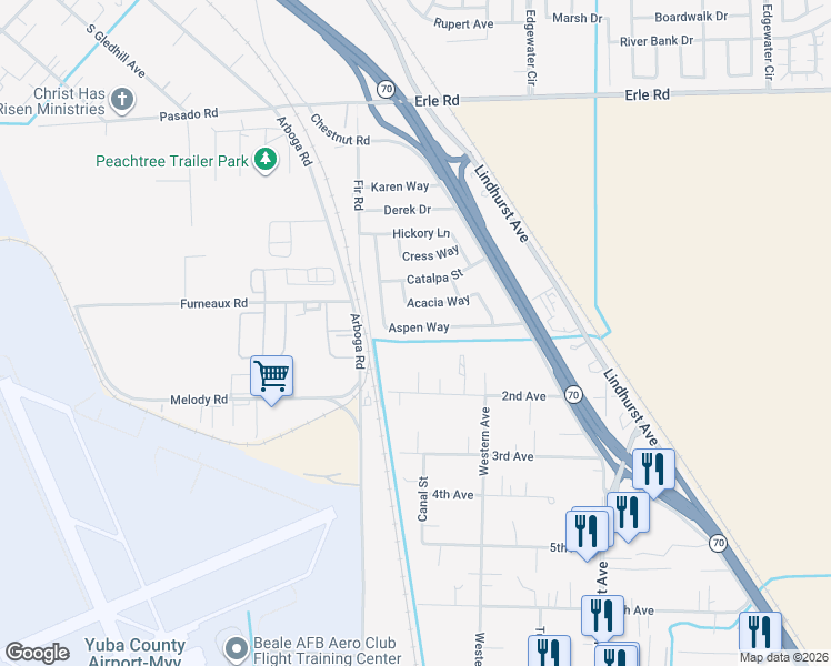 map of restaurants, bars, coffee shops, grocery stores, and more near 5276 Aspen Way in Olivehurst