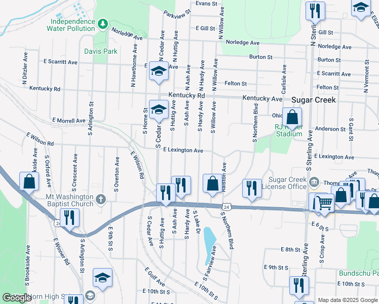 map of restaurants, bars, coffee shops, grocery stores, and more near 227 South Ash in Independence