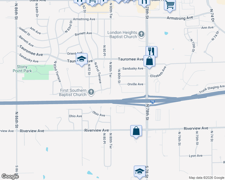 map of restaurants, bars, coffee shops, grocery stores, and more near 385 North 80 Terrace in Kansas City