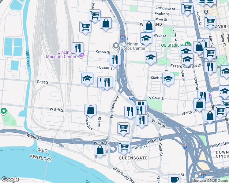 map of restaurants, bars, coffee shops, grocery stores, and more near 1000 Western Avenue in Cincinnati