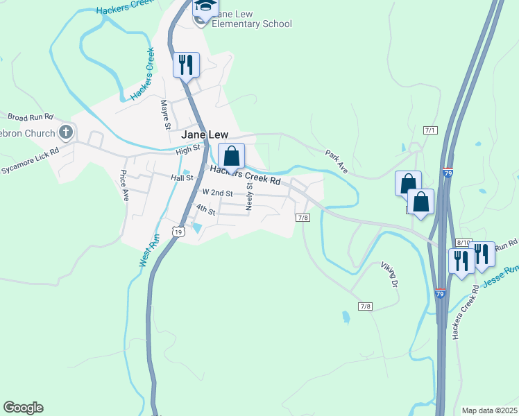 map of restaurants, bars, coffee shops, grocery stores, and more near 66 3rd Street in Buckhannon