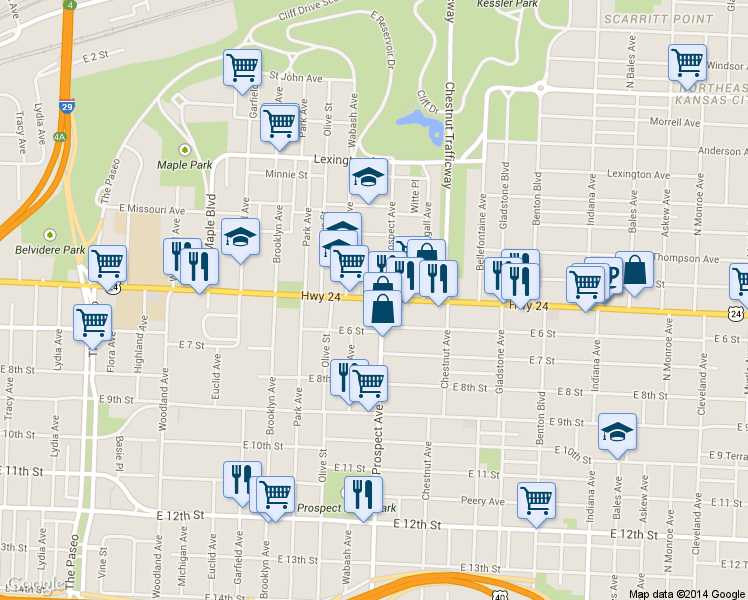map of restaurants, bars, coffee shops, grocery stores, and more near 617 Prospect Avenue in Kansas City