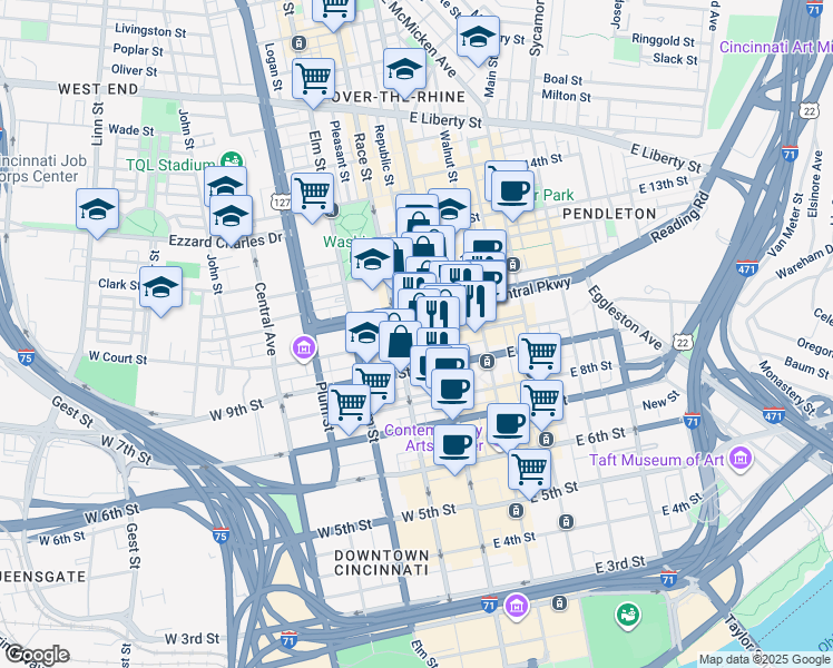 map of restaurants, bars, coffee shops, grocery stores, and more near 24-26 West Court Street in Cincinnati
