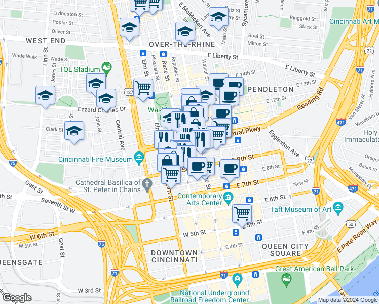 map of restaurants, bars, coffee shops, grocery stores, and more near 26 West Court Street in Cincinnati