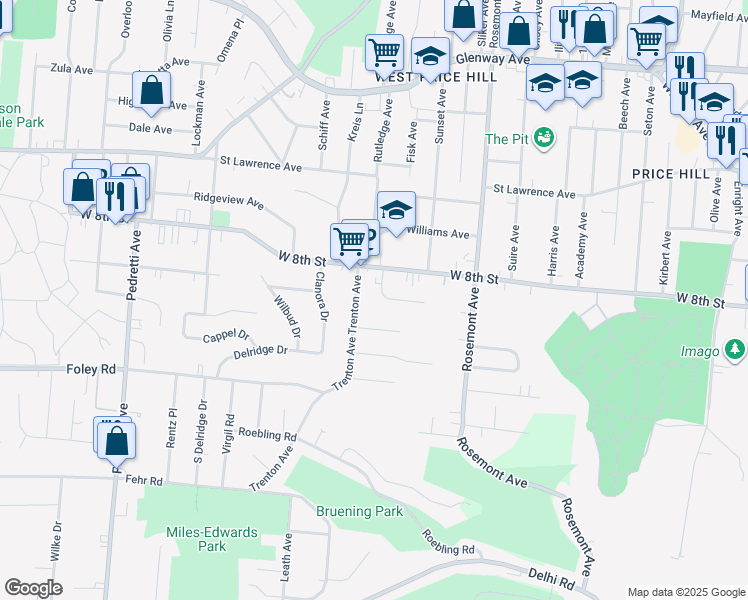 map of restaurants, bars, coffee shops, grocery stores, and more near 4161 Pleasure Drive in Cincinnati