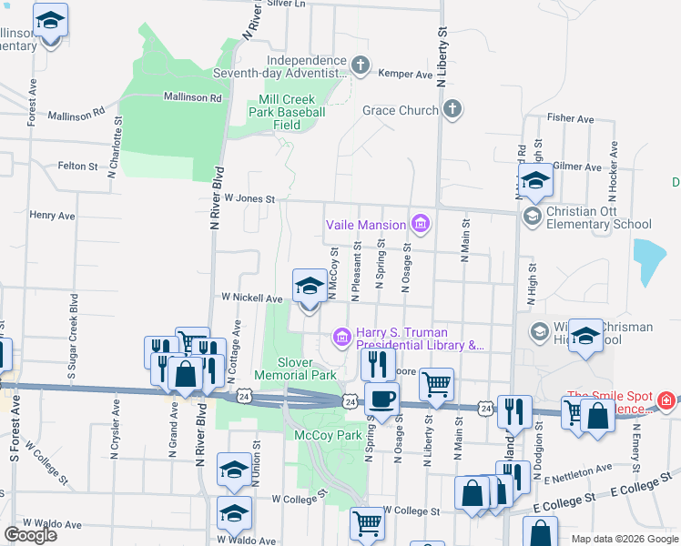 map of restaurants, bars, coffee shops, grocery stores, and more near 1410 North Pleasant Street in Independence