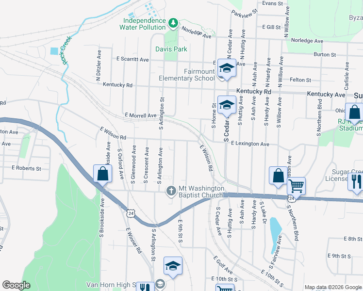 map of restaurants, bars, coffee shops, grocery stores, and more near 508 South Evanston Avenue in Independence