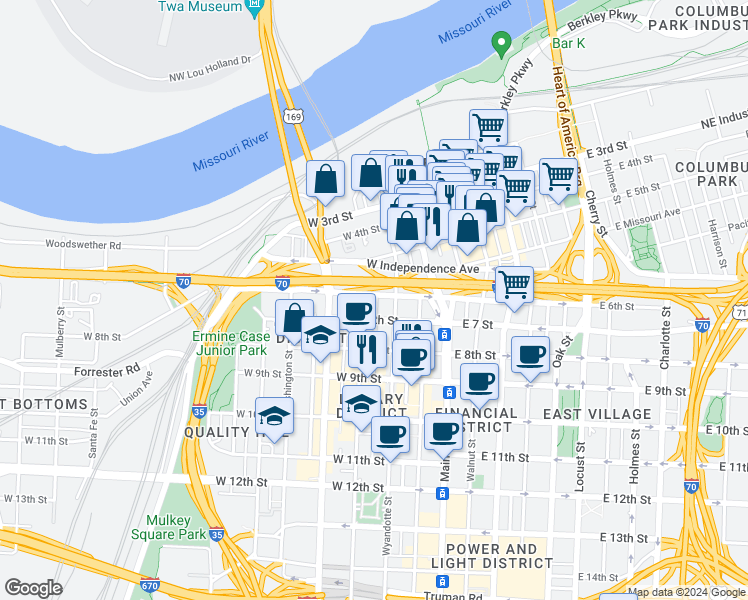 map of restaurants, bars, coffee shops, grocery stores, and more near 201 West 6th Street in Kansas City