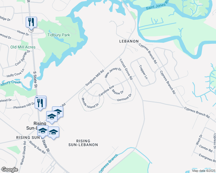 map of restaurants, bars, coffee shops, grocery stores, and more near 4566B New Jersey Drive in Dover