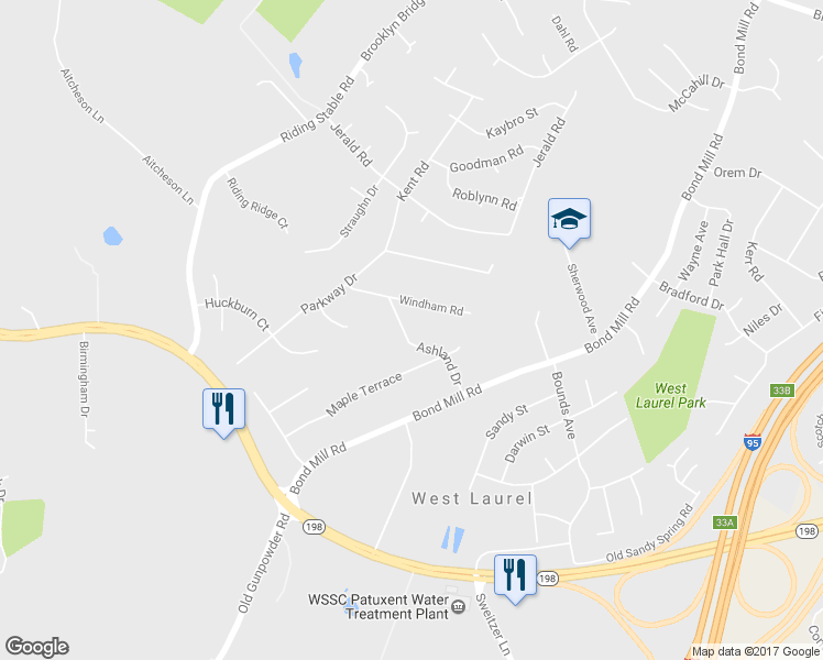 map of restaurants, bars, coffee shops, grocery stores, and more near 15731 Ashland Drive in Laurel