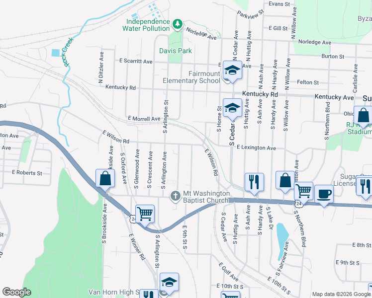 map of restaurants, bars, coffee shops, grocery stores, and more near 508 South Evanston Avenue in Independence