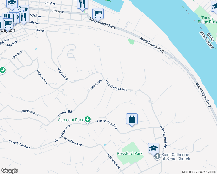 map of restaurants, bars, coffee shops, grocery stores, and more near 2397 North Fort Thomas Avenue in Fort Thomas