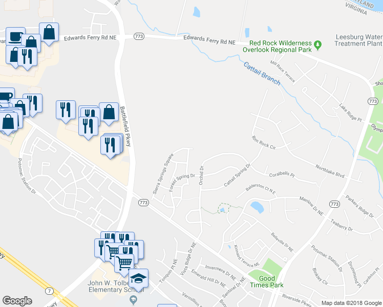 map of restaurants, bars, coffee shops, grocery stores, and more near 18424 Montview Square in Leesburg