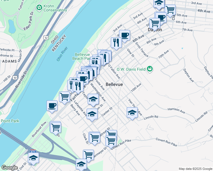 map of restaurants, bars, coffee shops, grocery stores, and more near 262 Ward Avenue in Bellevue