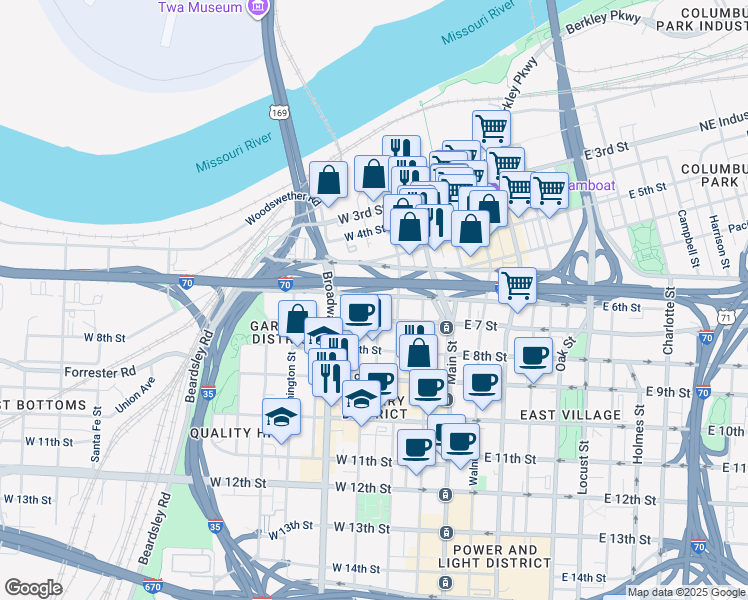 map of restaurants, bars, coffee shops, grocery stores, and more near 143 West 6th Street in Kansas City