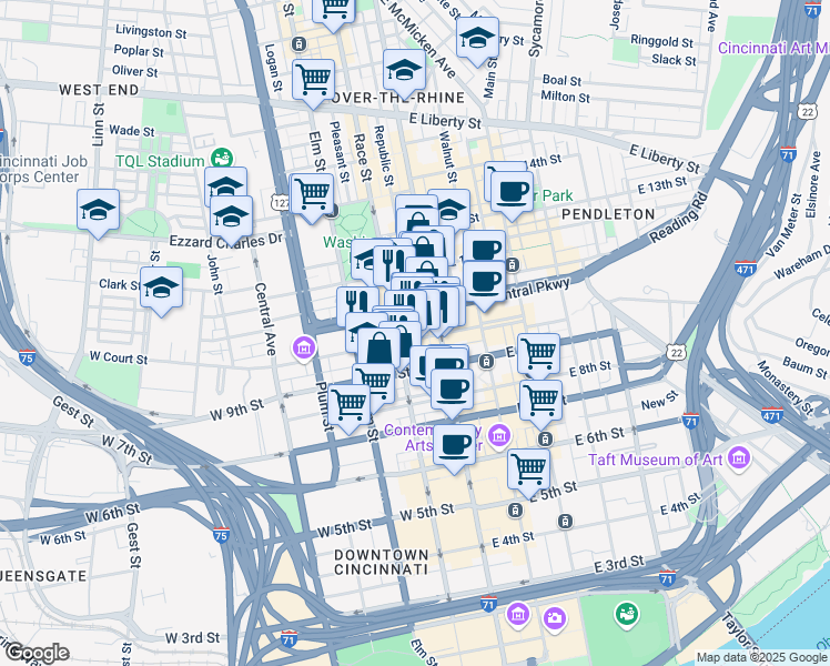 map of restaurants, bars, coffee shops, grocery stores, and more near 26 West Court Street in Cincinnati