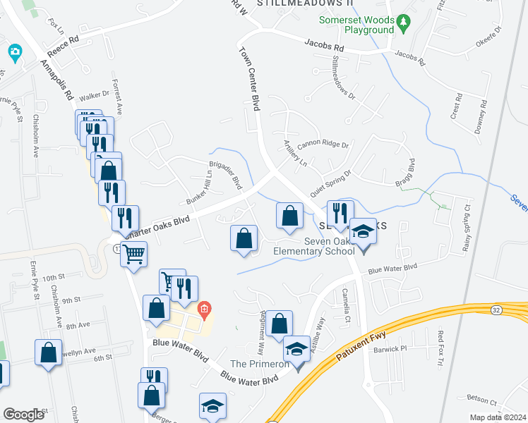 map of restaurants, bars, coffee shops, grocery stores, and more near 126 Eastridge Circle in Odenton