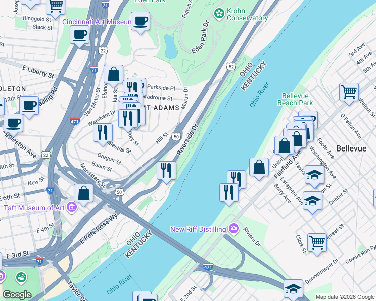 map of restaurants, bars, coffee shops, grocery stores, and more near 1135 Riverside Drive in Cincinnati