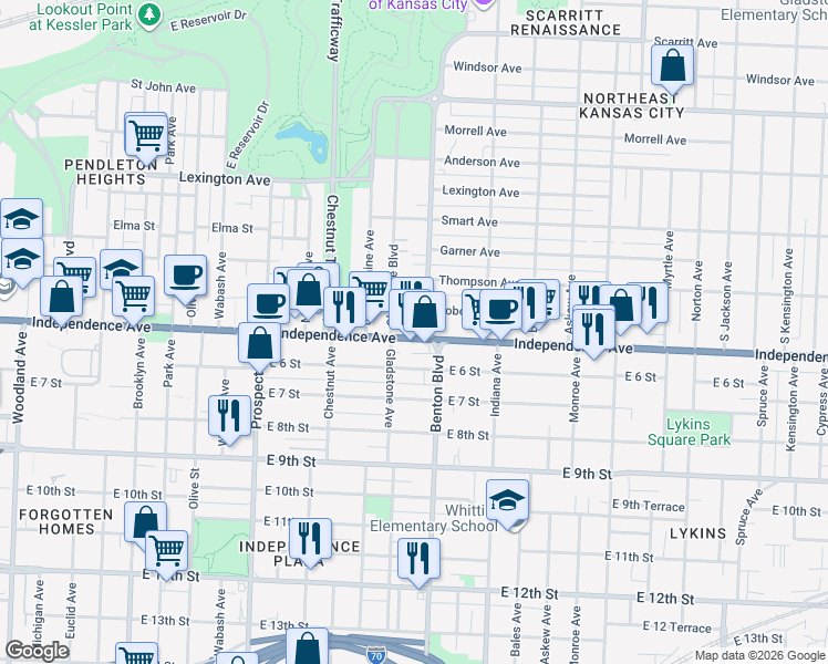 map of restaurants, bars, coffee shops, grocery stores, and more near 3008 Independence Avenue in Kansas City