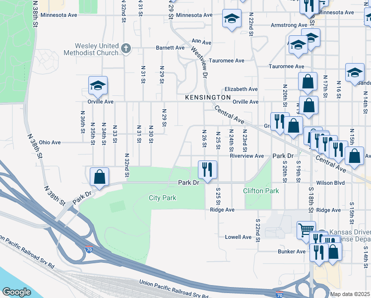 map of restaurants, bars, coffee shops, grocery stores, and more near 2659 Grandview Boulevard in Kansas City