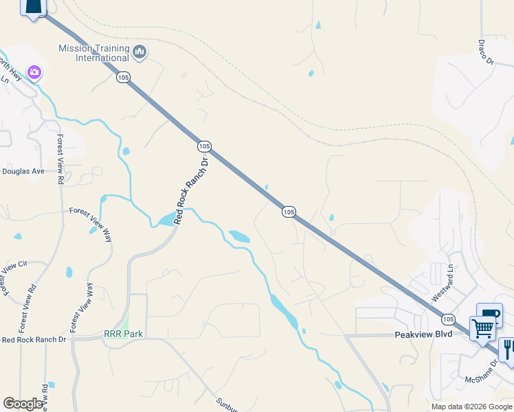 map of restaurants, bars, coffee shops, grocery stores, and more near 18886 Rockbrook Road in Palmer Lake
