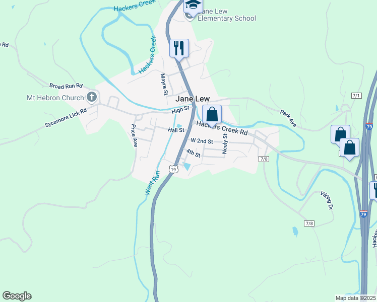 map of restaurants, bars, coffee shops, grocery stores, and more near Division Street in Jane Lew