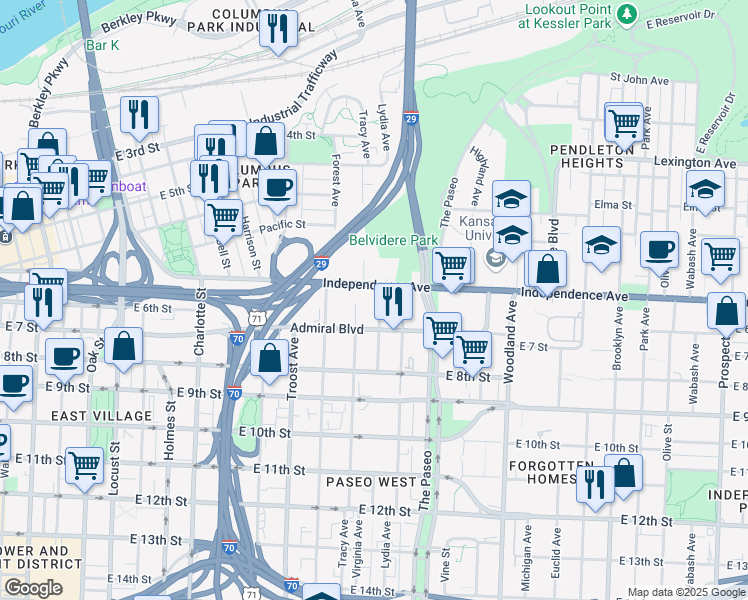 map of restaurants, bars, coffee shops, grocery stores, and more near 612 Virginia Avenue in Kansas City