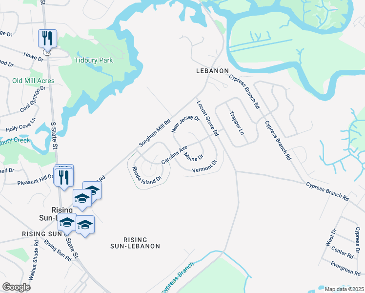 map of restaurants, bars, coffee shops, grocery stores, and more near 45678 New Jersey Drive in Dover