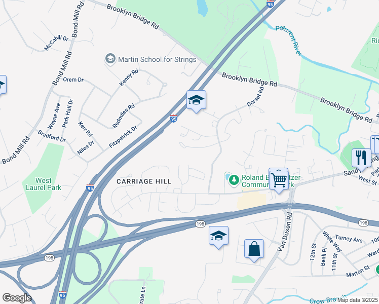 map of restaurants, bars, coffee shops, grocery stores, and more near 15710 Dorset Road in Laurel