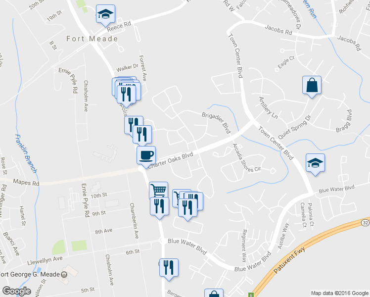 map of restaurants, bars, coffee shops, grocery stores, and more near 2136 Colonel Way in Odenton